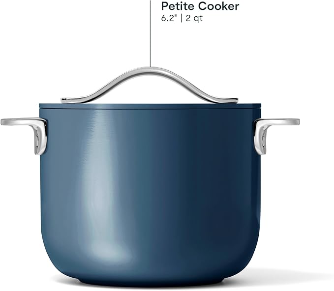 Caraway Petite Cooker - 2 Qt Ceramic Coated Pot - Free From Forever Chemicals - Perfect for Rice Grains or Sauces - Navy