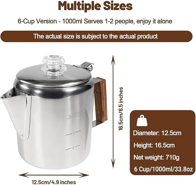 Mocha For Home And Camping 6 Cup Percolator 304 Stainless Steel Coffee Pot Coffee Maker With Handle Stovetop 1000Ml