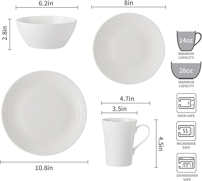 16Piece Bone China Dinnerware Set with Elegant Dotted Relief Design Embossed Plates Bowls mugs Chip-Resistant Lightweight Elegant and Durable Service for 4 White