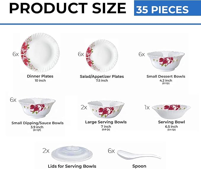 Borosil Gourmet Dinnerware Set For 6 35 Pieces White Dinner Plates and Bowls Chip Resistant Tempered Opal Glass Stain Resistant Dishwasher &amp Microwave Safe Dinner Set For Gifting Serves 6