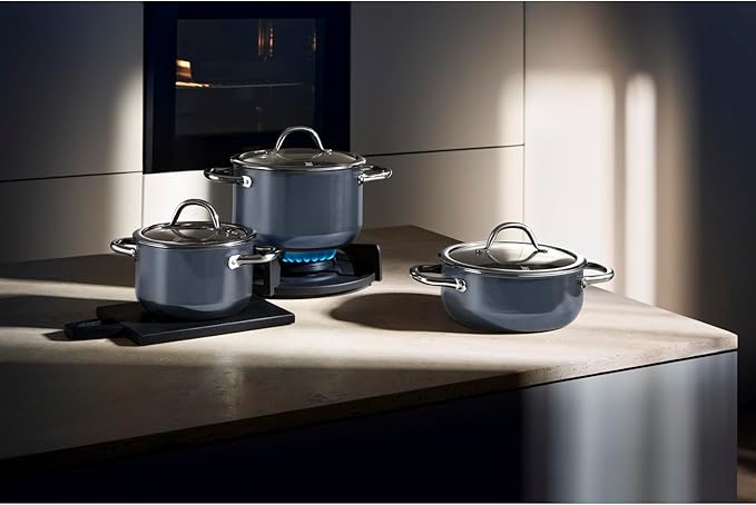 WMF Fusiontec Inspire Induction 3-Piece Saucepan Set with Glass Lid Induction Pots Set High-Tech Ceramic Scratch-Resistant Uncoated Dark Blue 516855290