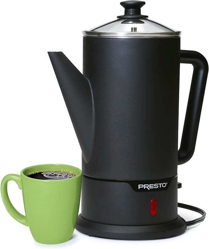 Presto 02815 12-Cup Cordless Coffee Percolator - Stainless Steel Modern Design Easy Pour Spout Stay-Cool Handle Matte-Black