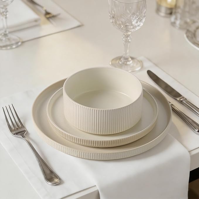 Dinnerware Set Service for 4 12-Piece Ceramic Plates and Bowls Set Chip &amp Scratch Resistant Microwave and Dishwasher Safe Modern Minimalist Tableware for Everyday Use Matte White