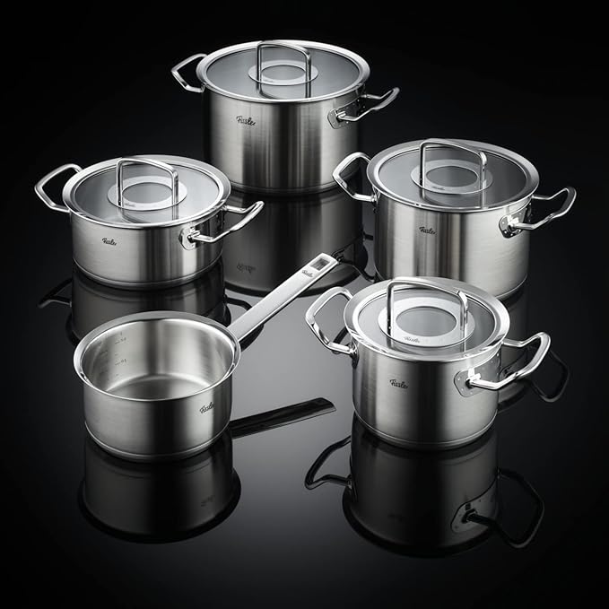 Fissler Original Profi Collection Stainless Steel Cooking Pot Set 5 Pieces with Glass Lid + Free Stainless Steel Care Induction Silver