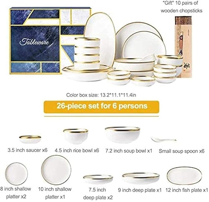 Dinnerware Sets - Luxury Gift Dishes Service Set Dinnerware Sets Service for 2/4/6 Kitchen Plates and Bowls Sets White Luxury Bone China Tableware Nordic Gold Porcelain Dish Set(26Pcs)
