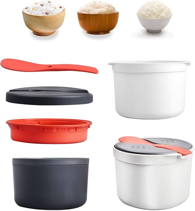 2 Liter Microwave Rice Cooker Steamer - Microwave Rice Steamer Pasta Cooker Food Grade PP Microwave Rice Cooker Strainer and Steamers Pot Set 18.5x18.5x13cm