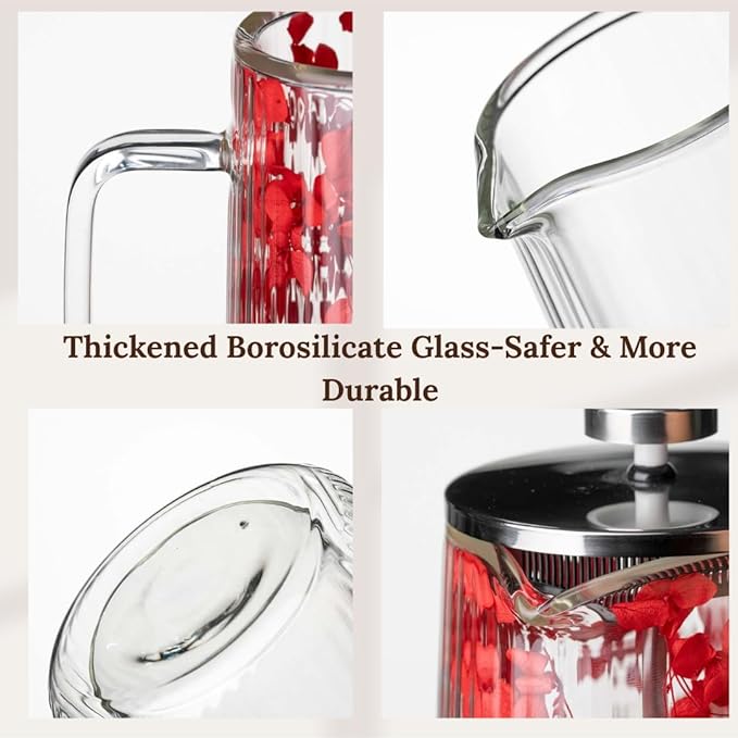 Glass French Press Coffee Maker 22oz (Red Floral) – Double-Wall Borosilicate Ribbed Coffee Press with Stainless Steel Filter Manual Coffee Brewer &amp Tea Press