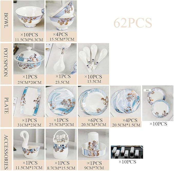 65 pcs Dinnerware Set Serves for 10 People Line Drawing Decoration Bone China Tableware SetPremium Quality Porcelain Dishes/Plate/BowlDishwasher &amp Microwave SafeBlue (62pcs Serves for 10)