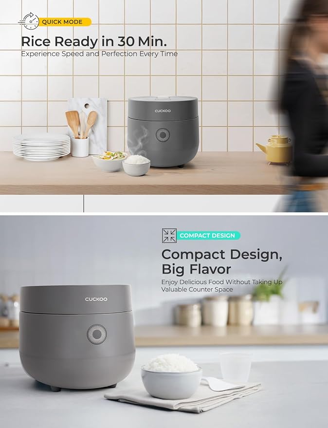 CUCKOO Micom Rice Cooker 3-Cup Uncooked / 6-Cup Cooked with Nonstick Inner Pot Small Rice Maker with 8 Menu Options Fuzzy Logic Technology Auto Clean Quick Rice Mode Gray (CR-0375FG)