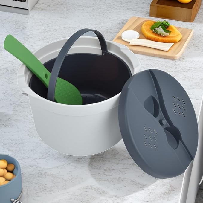 Microwave Rice Cooker 2L Grade PP Material Steaming Pot Pasta Cooker with Spoon Lid for Meal Noodle Ramen