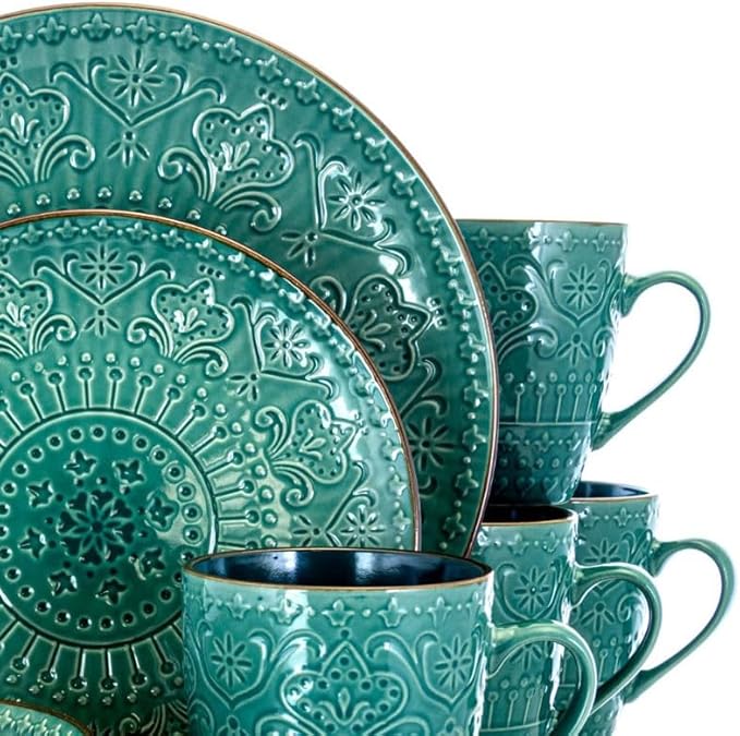 Dinner Plate Set 16 Piece Round Stoneware Dinnerware Set in Sea Green Restaurant Plates Ceramic Dishes To Eat Dish