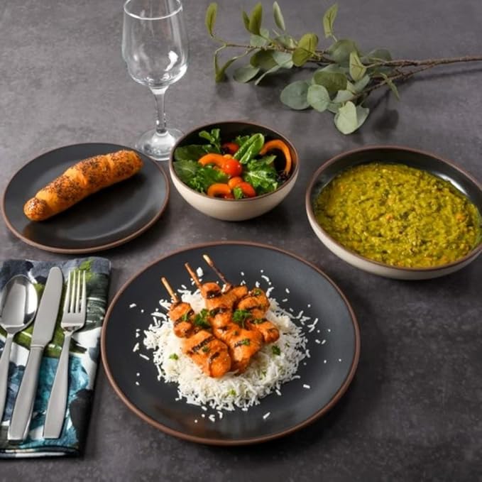 Sleek &amp Artistic 16 Piece Elegant 2 Toned Rustic Dinnerware Set for 4 | Matte Glaze Finish With Striking Detail Black/Beige Color Smooth Textured |Microwave &amp Dishwasher Safe Luxury Modern App