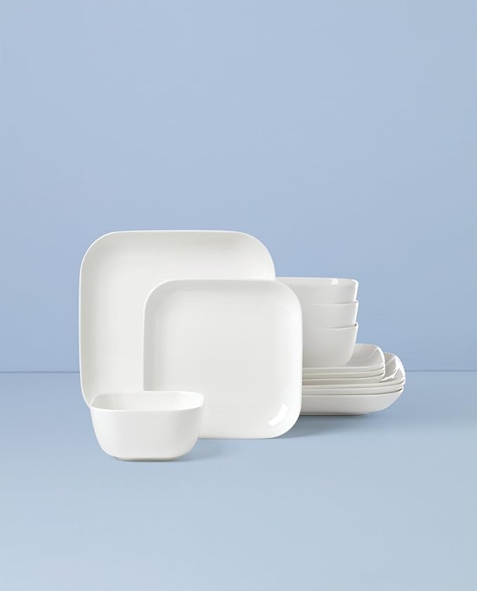 Lenox Dinnerware Set Studio 1414 Square 12-Piece Set Service For 4 Bone China Material Dishwasher &amp Microwave Safe Home And Kitchen Kitchen And Dining Plates And Bowls Sets (White 12 Piece