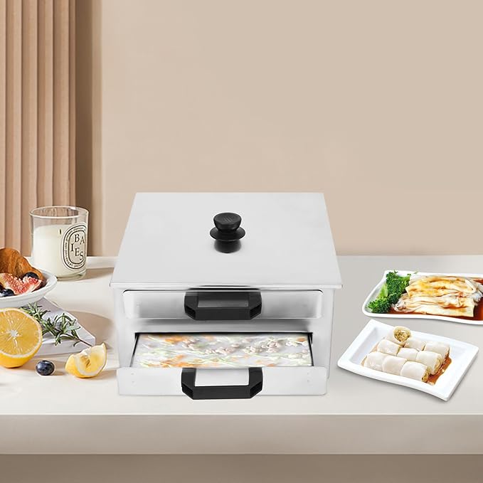 2 Layer Rice Noodle Rolls Machine Top Open Chinese Rice Noodle Roll Food Steamer with Extra Tray Guangdong Changfen Cantonese Cuisine Household Cookware (2 Layer)