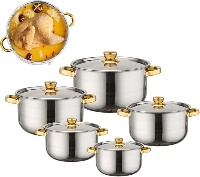 Stainless Steel Cookware Set - 10 Piece Cooking Gadgets Non Stick Kitchen Pots Durable Cookware | Soup Pasta Stew Camping for Soup Pasta Stew Camping