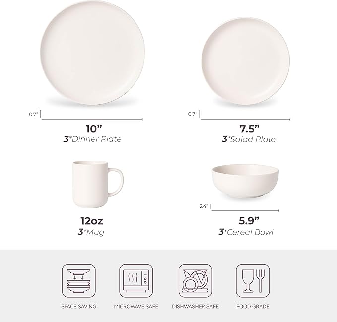 12-Piece Stoneware Dinnerware Set with Mugs | Microwave and Dishwasher Friendly | Stackable Matte Glaze Plates &amp Bowls | Service for 3 (White for 3)