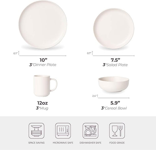 12-Piece Stoneware Dinnerware Set with Mugs | Microwave and Dishwasher Friendly | Stackable Matte Glaze Plates &amp Bowls | Service for 3 (White for 3)