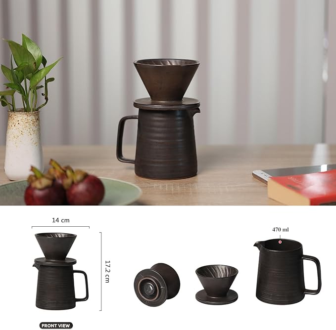 Stoneware Handmade Pour Over Coffee Maker Set Ceramic Coffee Brewer Hand Drip Cone Dripper &amp Coffee Pot Microwaveable Decanter Retro Metallic Glaze 16oz