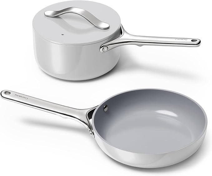 Caraway Mini Cookware Set - Non-Stick Ceramic Fry Pan (1.05 qt 8) Sauce Pan (1.75 qt) &amp Storage Rack - Non Toxic PTFE &amp PFOA Free - Oven Safe &amp Stovetop Agnostic (Gas Electric &amp In