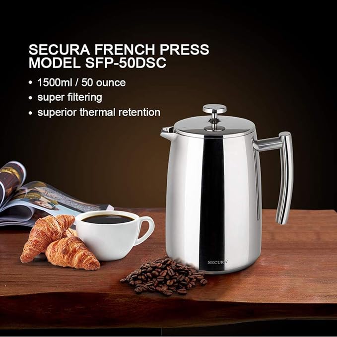 Secura French Press Coffee Maker 50-Ounce 304 Stainless Steel Insulated Coffee Press with Extra Screen