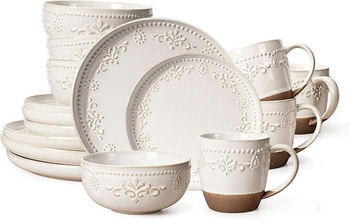 Artena Plates And Bowls Sets 16 Pieces Dinnerware Sets Dish Set For 4 Ceramic Kitchen Bowl And Plate Set Embossed White Dishware Sets Dishwasher &amp Microwave Safe (Damask Floral) (With Mugs)