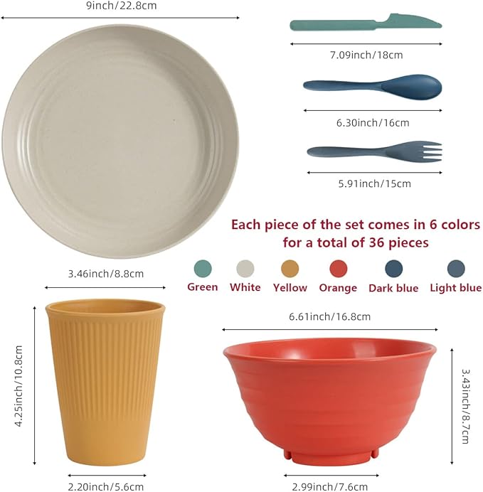 Wheat Straw Dinnerware Sets 36 Piece Unbreakable Dinnerware Sets Reusable Wheat Straw Plates and Bowls Sets Travel Camping Cutlery Set Dishwasher Microwave Safe Dinnerware Colourful