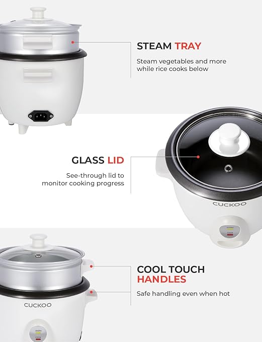 CUCKOO One Touch Rice Cooker 3-Cup (Uncooked) / 6-Cup (Cooked) Mini Rice Cooker &amp Warmer with Steamer Tray Versatile Grain Cooker Soup Maker Auto Keep Warm White (CR-0301C)