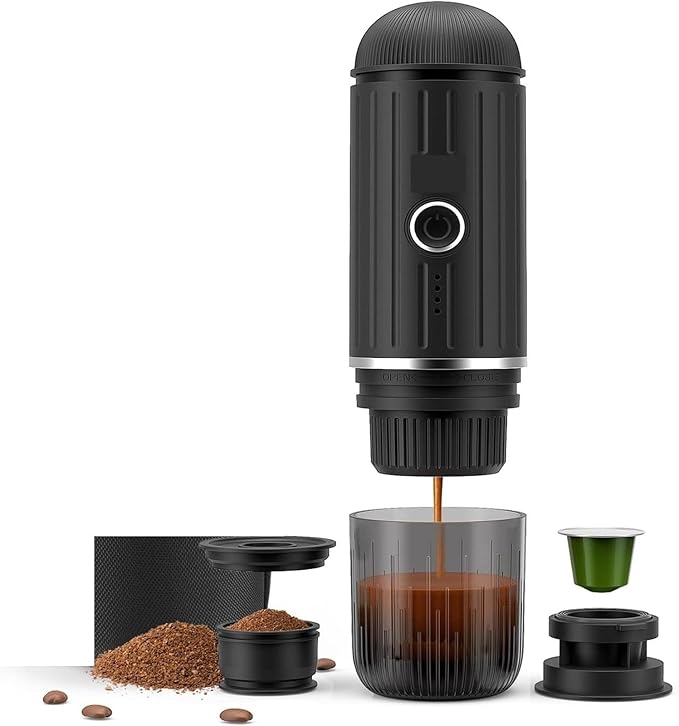 Heating Portable Coffee Machine Fit Capsule And Ground Travel Espresso Maker For Camping Office (Nero)