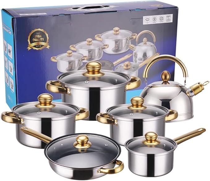 Stainless Heavy Steel Pots and Pans Set 12PCS Ktichen Stainless Steel Nonstick Cookware Set with Glass Lids Full Clad Cooking Set with Stay-Cool Handles Dishwasher Safe Compatible with All Stovetops D