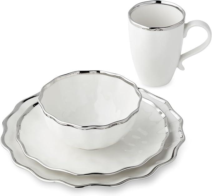 Regency Silver 16-Piece Porcelain Dinnerware Set – Elegant Silver-Trimmed Plates Bowls &amp Mugs – Service for 4 – Durable Dishwasher-Safe Tableware for Everyday Dining &amp Special Occasions