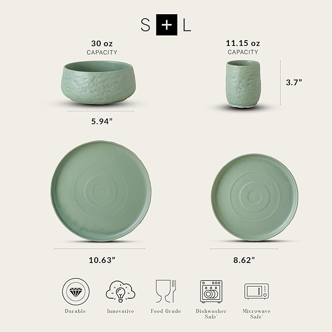 Stone by Mercer Project SHOSAI 16-Piece Stoneware Dinnerware Set Plates and Bowls Set Modern Dishware set fo 4 Sage