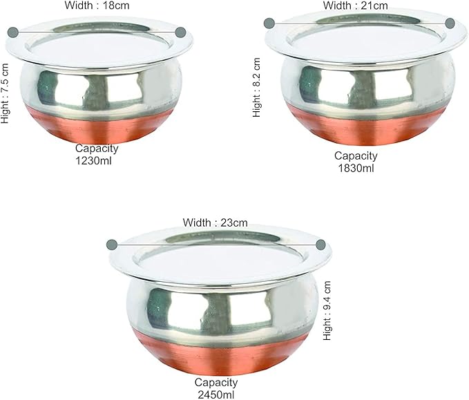 3 pcs Piece Handi Set with lid Cooking Serving Bowl Cookware Set of 3 Pieces with lid Size: 1.600 L 1.200 L 0.850 L (Copper)