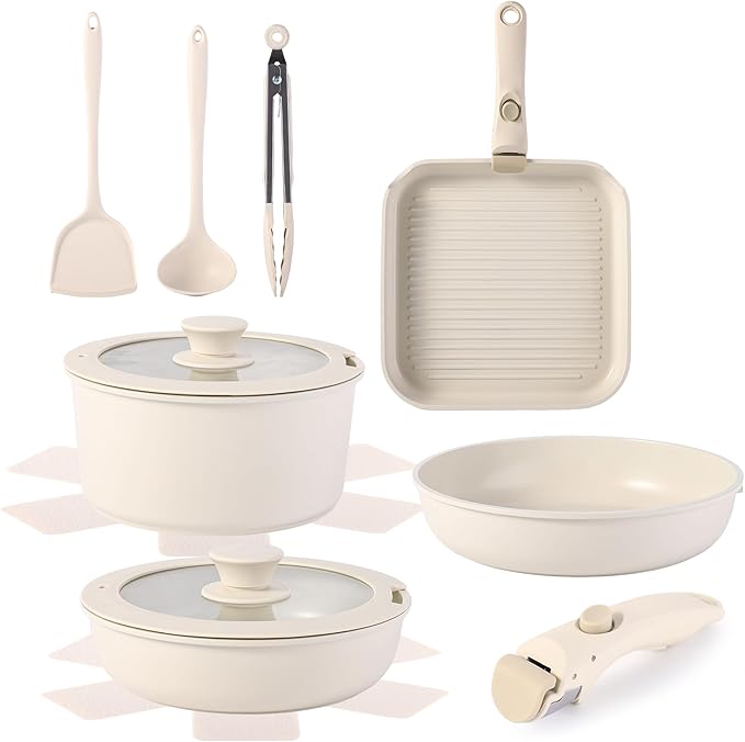 12 PCS Kitchen Cookware Set Aluminum non stick pan Removable &amp microwaveablewith Induction Pot Pan Set for RV CookwareOven Safe PFOA Free(White)