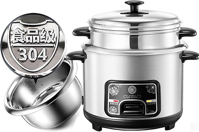 Rice Cookers Small (2-5L) 304 Stainless Steel Cook/Warm Functions Mini Portable Rice Cooker Stainless Steel Inner Pot with Steamer(5L)