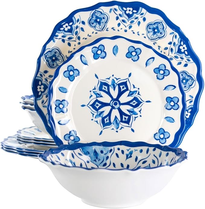 212 Main 12 Piece Blue Garden Scalloped Lightweight Melamine Dinnerware Set Blue