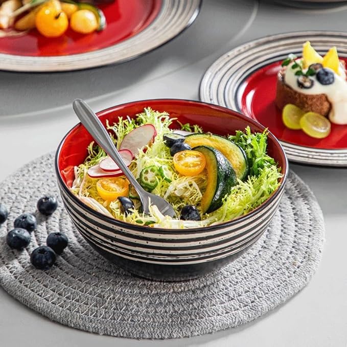 16 Piece Stoneware Dinnerware Set with Dinner Dessert Plate Cereal Pasta Bowl Service for 4 Person