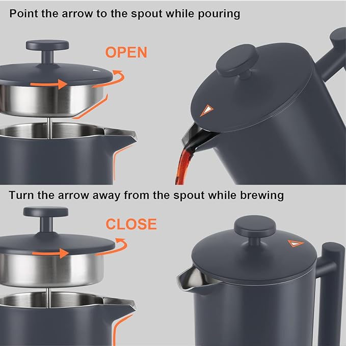 Secura French Press Coffee Maker 304 Grade Stainless Steel Insulated Coffee Press with 2 Extra Screens 34oz (1 Litre) Grey