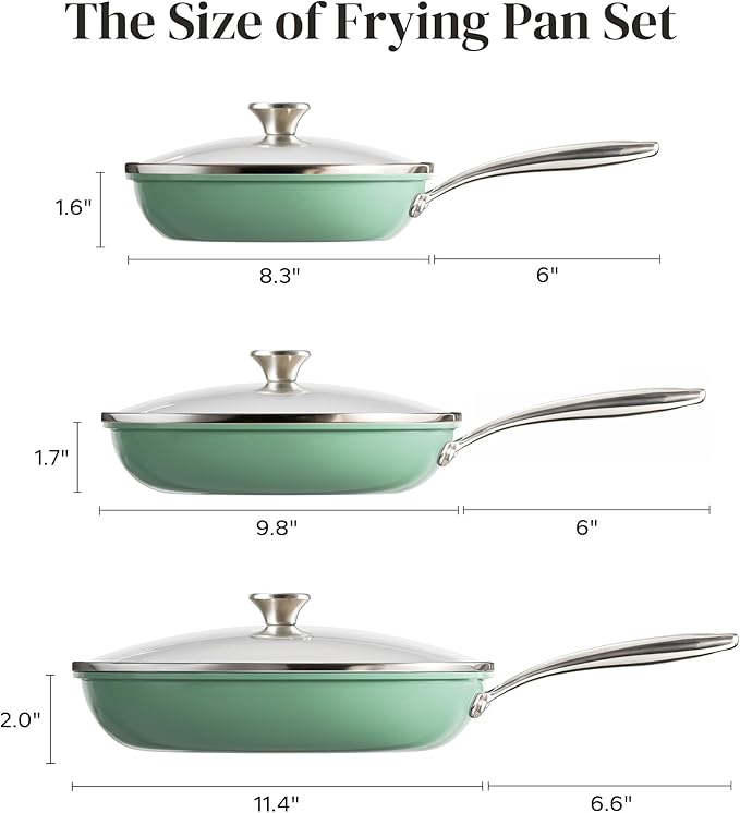 Redchef Nonstick 6-Piece Fry Pan Set 8 9.5 and 11 Inch Frying Pans with Tempered Glass Lids Stay-Cool Handles Dishwasher &amp Oven Safe Induction Safe Compatible with All Cooktops Green