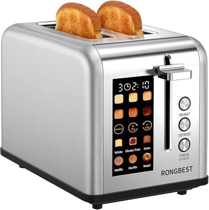 2 Slice Easy Touch Screen Toaster Stainless Steel Toaster with Wide Slots Even Toasting for Bagels &amp Bread Reheat &amp Defrost Removable Crumb Tray Silver