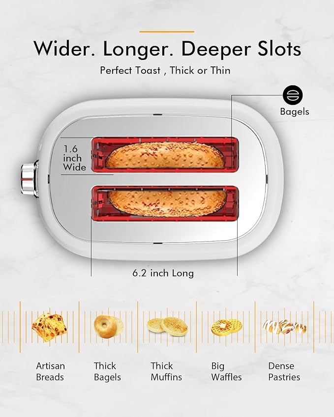 2 Slice Toaster with 1.5 Extra Wide Slots &amp Removable Crumb Tray 6 Browning Options Auto Shut Off &amp Frozen Function Toast Fruit Bread Bagel &amp Waffle White