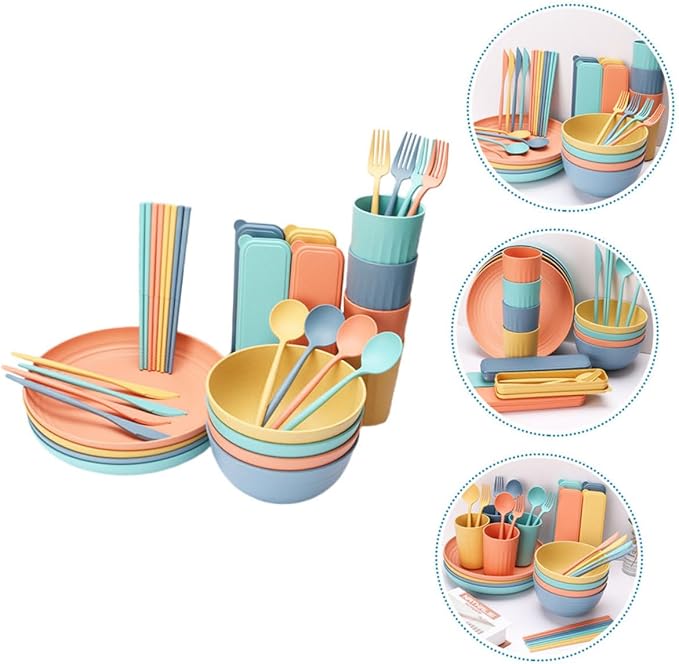 PRETYZOOM 4Sets Portable Wheat Straw Tableware Creative Kitchen Supplies for Rice Soup and Salad Microwave Safe Dinnerware Set with Bowls Plates and Cutlery for Home