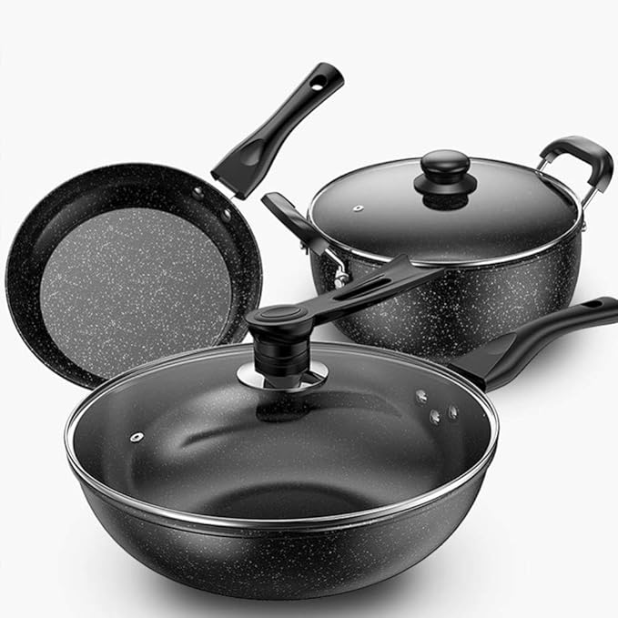 3-Piece Non Stick Induction Cookware Set - Including Frying Pan Saucepan and Casserole with LidsNon-Scalding Handle Easy to Clean Pot Non Stick Fry Pan