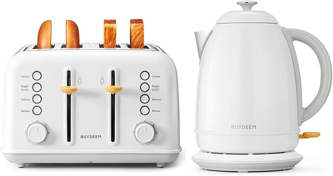 BUYDEEM DT640 4-Slice Toaster Silver with K640N Electric Kettle 1.7L Arctic White