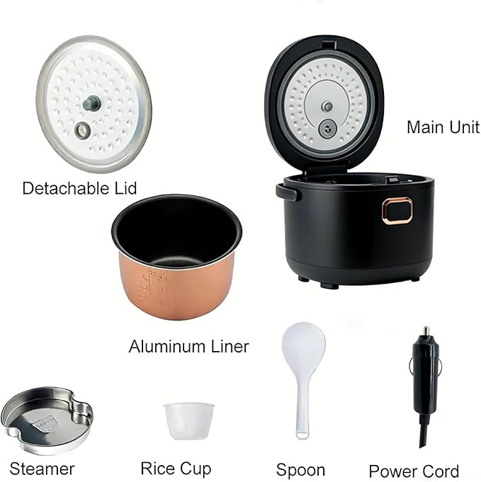 Mini Rice Cooker 2L Electric Lunch Box Food Heater 12V/24V Portable Non-Stick Travel For Car Truck Small Rice Cooker with Steam Tray Cooking Heating and Keeping Warm Function(Black)