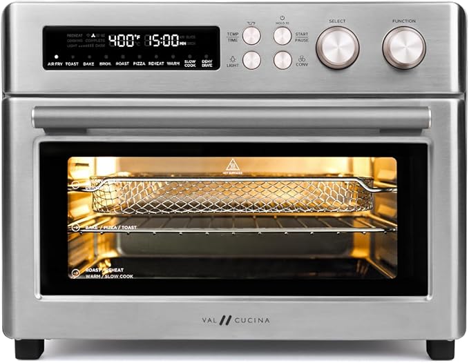 VAL CUCINA Infrared Heating Air Fryer Toaster Oven Extra Large Countertop Convection Oven 10-in-1 Combo 6-Slice Toast Enamel Baking Pan Easy Clean with Recipe Book Brushed Stainless Steel Finish