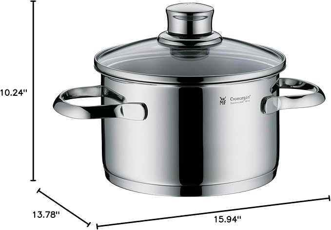 WMF Cooking Pot Set 4 Pieces Polished Frying Pan Casserole Pot Sapphire Rim Glass Saucepan Lid Cromargan Stainless Steel Suitable for Induction Cookers Dishwasher Safe