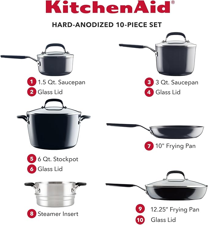 KitchenAid Hard Anodized Nonstick Cookware/Pots and Pans Set 10 Piece - Matte Black