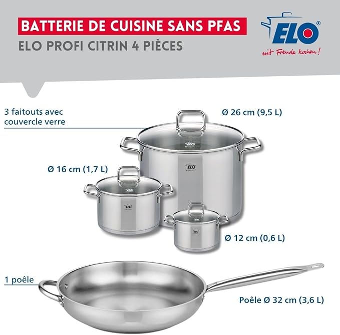 ELO 9500350 Cookware Set 4 Pieces 1 Frying Pan 32 cm and 3 Cooking Pans 12 16 and 26 cm Elo Profi Citrine Stainless Steel Induction
