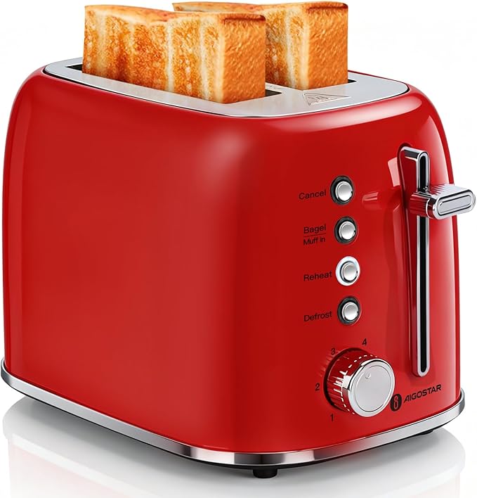 Aigostar Toaster 2 Slice Retro Extra-Wide Slot Toasters Best Rated Prime for Toasting Bagels Breads Waffles &amp More Cancel Defrost &amp 6 Browning Removable Crumb Tray Stainless Steel Red