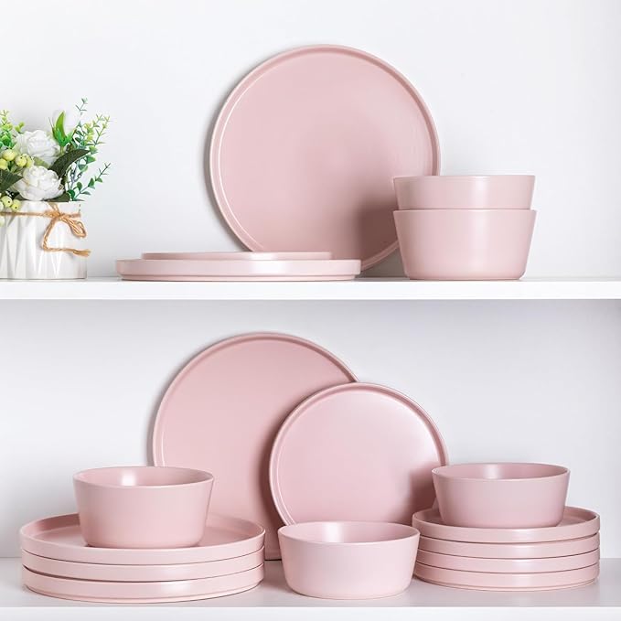 AmorArc Ceramic Dinnerware Sets of 4 Modern Flat Stoneware Plates and Bowls SetsChip and Crack Resistant | Dishwasher &amp Microwave Safe Dishes SetScratch Resistant- Service for 4 (12pc)-Matte Pi